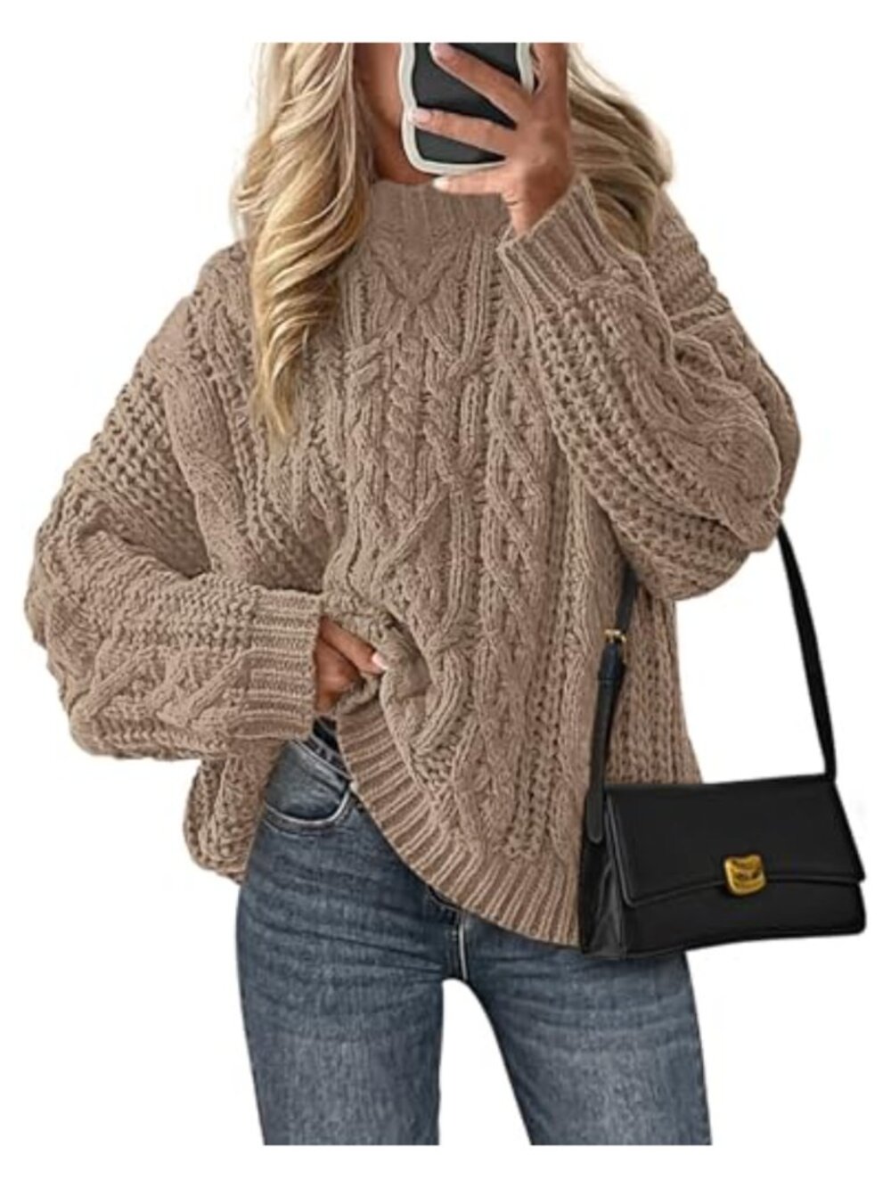Oversized Chunky Cable Knit Crew Neck Pullover Sweater